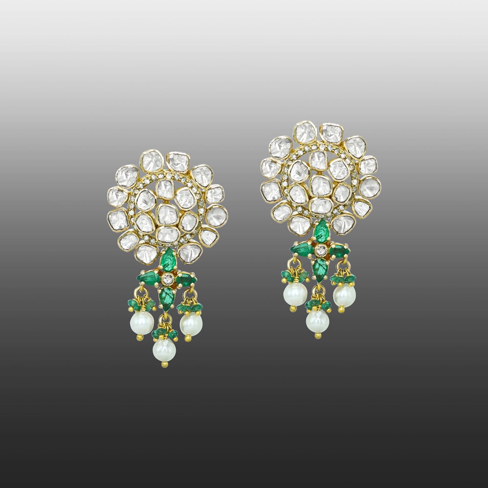 Floral Open Polki Earrings with Emerald and Pearl Drops